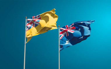 Niue ve Avustralya 'nın güzel ulusal bayrağı gökyüzü arka planında birlikte. 3B sanat eseri konsepti. 