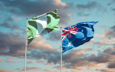 Nijerya ve Avustralya 'nın güzel ulusal bayrağı gökyüzü arka planında birlikte. 3B sanat eseri konsepti. 