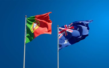 Portekiz ve Avustralya 'nın güzel ulusal bayrakları gökyüzü arka planında birlikte. 3B sanat eseri konsepti. 