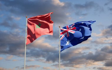 Fas ve Avustralya 'nın güzel ulusal bayrakları gökyüzünde birlikte. 3B sanat eseri konsepti. 