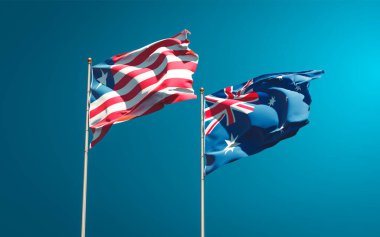 Liberya ve Avustralya 'nın güzel ulusal bayrakları gökyüzü arka planında birlikte. 3B sanat eseri konsepti. 