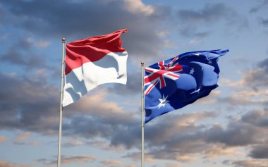 Monako ve Avustralya 'nın güzel ulusal bayrakları gökyüzü arka planında birlikte. 3B sanat eseri konsepti. 