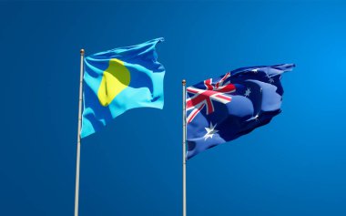 Gökyüzü arka planında Palau ve Avustralya 'nın güzel ulusal bayrakları birlikte. 3B sanat eseri konsepti. 