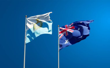 San Marino ve Avustralya 'nın güzel ulusal bayrakları gökyüzünde birlikte. 3B sanat eseri konsepti. 