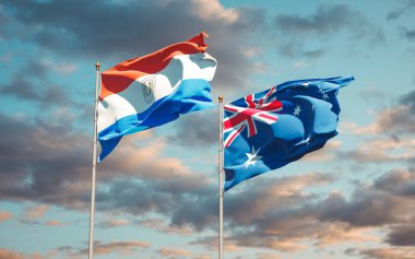 Paraguay ve Avustralya 'nın güzel ulusal bayrakları gökyüzü arka planında birlikte. 3B sanat eseri konsepti. 