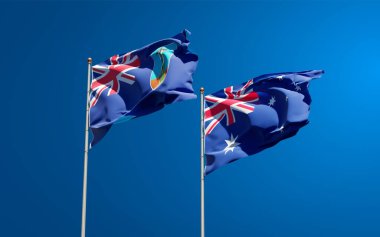 Montserrat ve Avustralya 'nın güzel ulusal bayrakları gökyüzünde birlikte. 3B sanat eseri konsepti. 