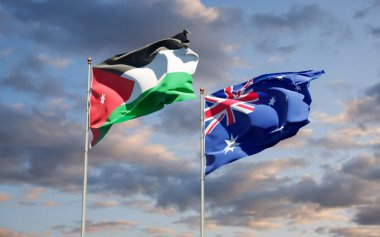 Ürdün ve Avustralya 'nın güzel ulusal bayrakları gökyüzünde birlikte. 3B sanat eseri konsepti. 