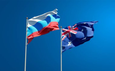 Yeni Rusya ve Avustralya 'nın güzel ulusal bayrakları gökyüzü arka planında birlikte. 3B sanat eseri konsepti. 