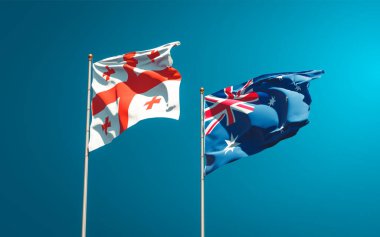 Gürcistan ve Avustralya 'nın güzel ulusal bayrakları gökyüzünde birlikte. 3B sanat eseri konsepti. 