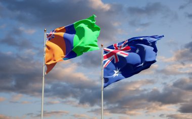 M 'Simbati ve Avustralya Sultanlığı' nın güzel ulusal bayrağı gökyüzü arka planında birlikte. 3B sanat eseri konsepti. 