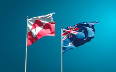 Grönland ve Avustralya 'nın güzel ulusal bayrakları gökyüzünde birlikte. 3B sanat eseri konsepti. 