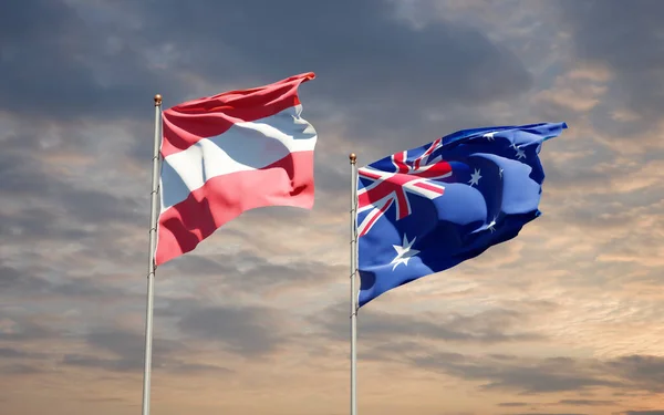 Hermosas Banderas Estatales Nacionales Australia Austria Juntas Fondo Del Cielo — Foto de Stock