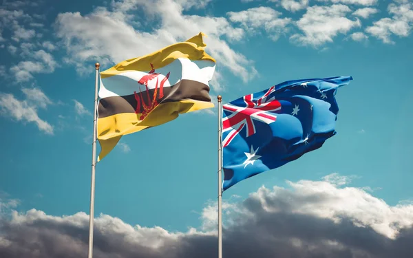 Avustralya ve Brunei 'nin güzel ulusal bayrağı gökyüzü arka planında birlikte. 3B sanat eseri konsepti. 