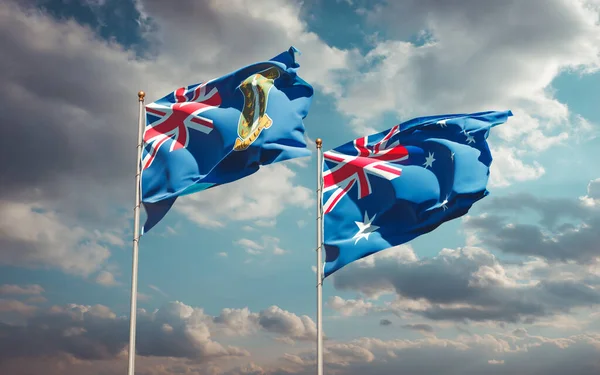 空を背景に オーストラリアとイギリス領バージン諸島の美しい国旗が一緒になっています 3Dアートワークコンセプト — ストック写真