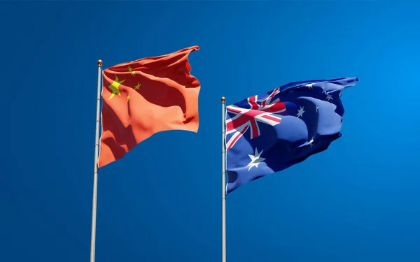 Hermosas Banderas Estatales Nacionales Australia China Juntas Fondo Del Cielo — Foto de Stock