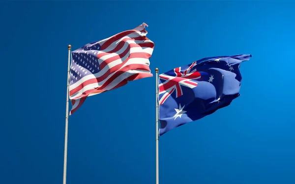 Beautiful National State Flags Australia Usa Together Sky Background Artwork — Stock Photo, Image