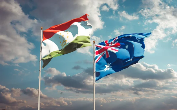 Tacikistan ve Avustralya 'nın güzel ulusal bayrakları gökyüzü arka planında birlikte. 3B sanat eseri konsepti. 