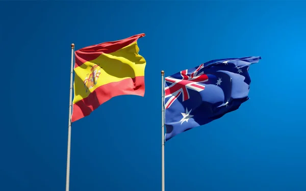 Hermosas Banderas Estatales Nacionales España Australia Juntas Fondo Del Cielo — Foto de Stock