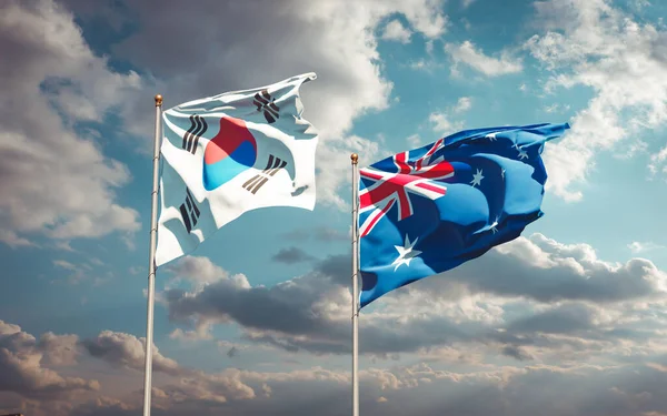 Güney Kore ve Avustralya 'nın güzel ulusal bayrakları gökyüzünde birlikte. 3B sanat eseri konsepti. 