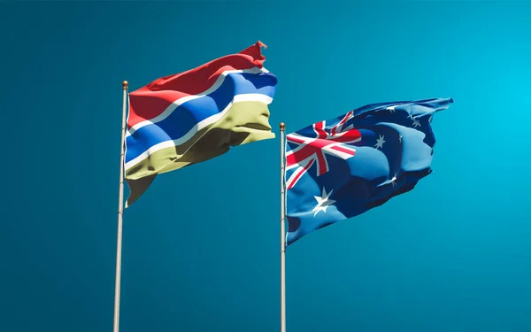 Hermosas Banderas Estatales Nacionales Gambia Australia Juntas Fondo Del Cielo — Foto de Stock