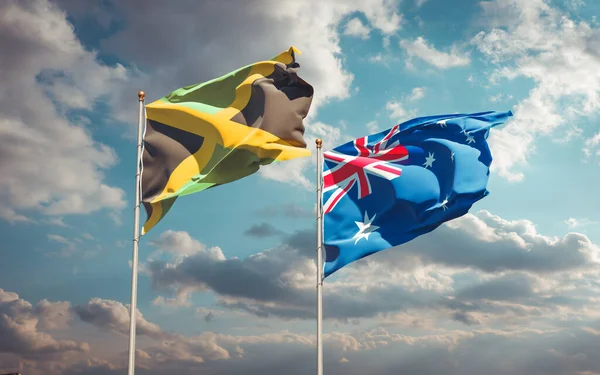 Beaux Drapeaux Nationaux Jamaïque Australie Ensemble Fond Ciel Concept Illustration — Photo