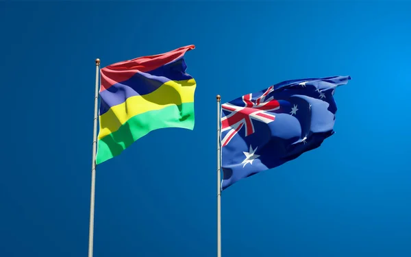 Hermosas Banderas Estatales Nacionales Mauricio Australia Juntas Fondo Del Cielo — Foto de Stock