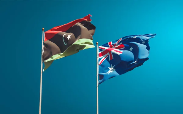 Hermosas Banderas Estatales Nacionales Libia Australia Juntas Fondo Del Cielo — Foto de Stock