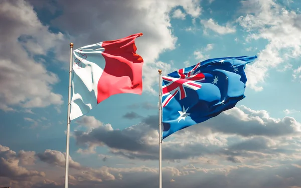 Arka planda Malta ve Avustralya 'nın güzel ulusal bayrakları birlikte. 3B sanat eseri konsepti. 