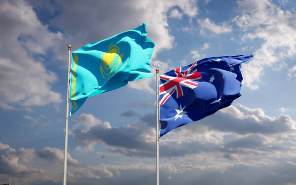 Красивые национальные государственные флаги Казахстана и Австралии вместе на фоне неба. Концепция 3D оформления. 