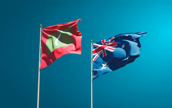 Hermosas Banderas Estatales Nacionales Maldivas Australia Juntas Fondo Del Cielo — Foto de Stock
