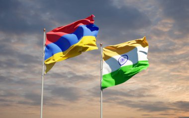 Hindistan ve Ermenistan 'ın güzel ulusal bayrakları gökyüzü arka planında birlikte. 3B sanat eseri konsepti. 