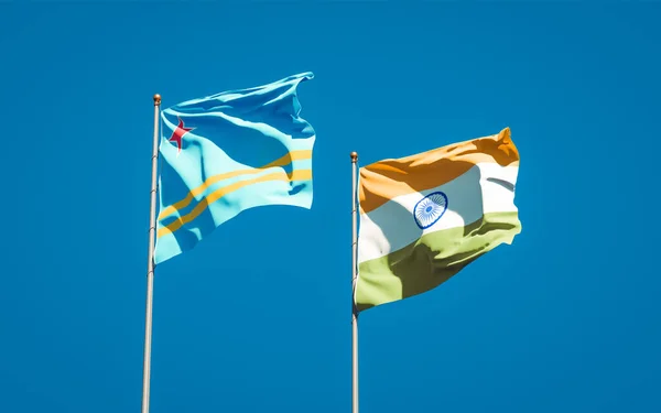 Hermosas Banderas Estatales Nacionales India Aruba Juntas Fondo Del Cielo —  Fotos de Stock
