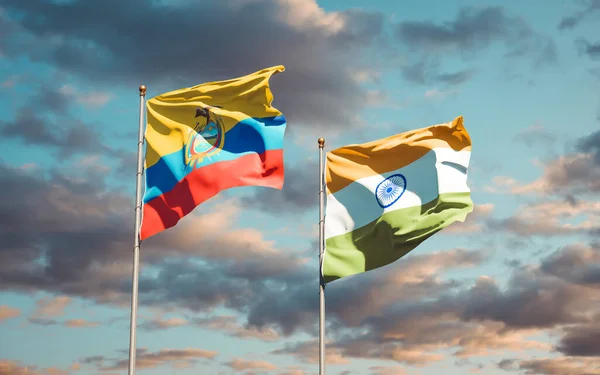 Piękne Flagi Państwowe Ekwadoru Indii Razem Tle Nieba Koncepcja Grafiki — Zdjęcie stockowe