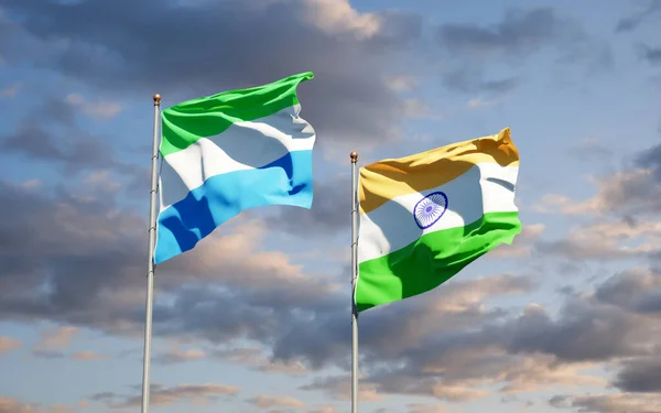 Lindas Bandeiras Estatais Nacionais Serra Leoa Índia Juntas Fundo Céu — Fotografia de Stock