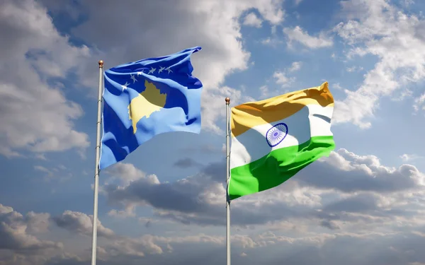 Belas Bandeiras Nacionais Kosovo Índia Juntas Fundo Céu Conceito Arte — Fotografia de Stock