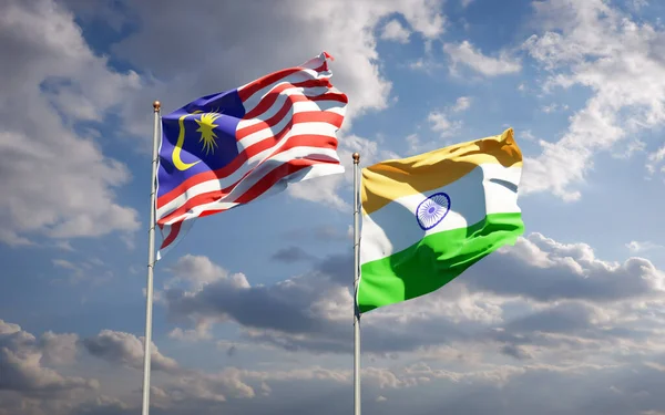 Prachtige Nationale Vlaggen Van Maleisië India Samen Achtergrond Kunstwerkconcept — Stockfoto