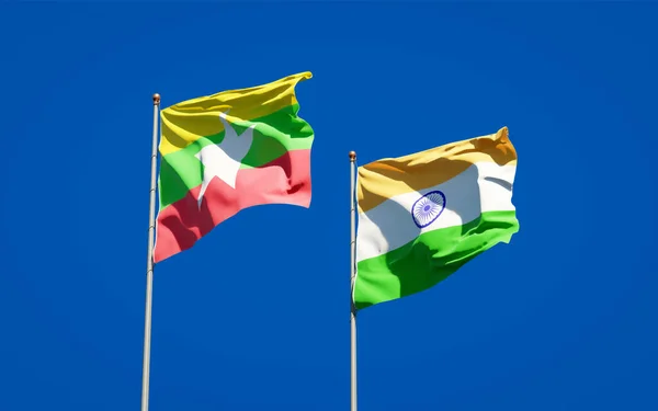 Красивые Национальные Государственные Флаги Мьянмы Индии Вместе Фоне Неба Концепция — стоковое фото
