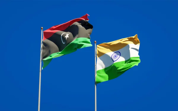 Libya Hindistan Güzel Ulusal Bayrağı Gökyüzü Arka Planında Birlikte Sanat — Stok fotoğraf
