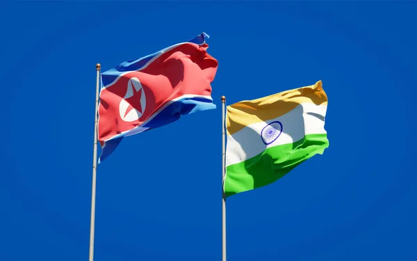 Belas Bandeiras Nacionais Coreia Norte Índia Juntas Fundo Céu Conceito — Fotografia de Stock