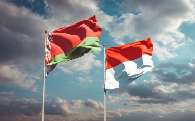 Endonezya ve Belarus 'un güzel ulusal bayrağı gökyüzü arka planında birlikte. 3B sanat eseri konsepti. 