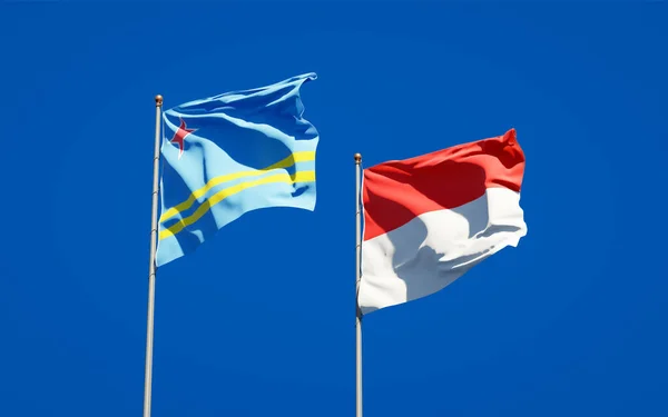 Hermosas Banderas Estatales Nacionales Indonesia Aruba Juntas Fondo Del Cielo — Foto de Stock