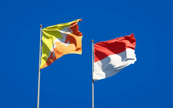 Krásné Národní Vlajky Indonésie Bhútánu Společně Pozadí Oblohy Koncept Uměleckých — Stock fotografie