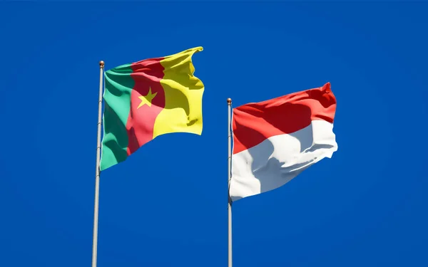 空を背景にインドネシアとカメルーンの美しい国旗が一緒に 3Dアートワークコンセプト — ストック写真