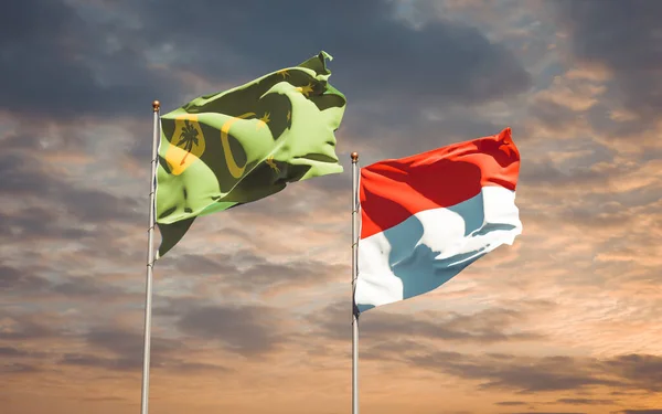 Hermosas Banderas Estatales Nacionales Indonesia Isla Cocos Juntas Fondo Del — Foto de Stock