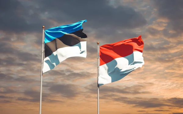 Endonezya Estonya Nın Güzel Ulusal Bayrakları Gökyüzü Arka Planında Birlikte — Stok fotoğraf