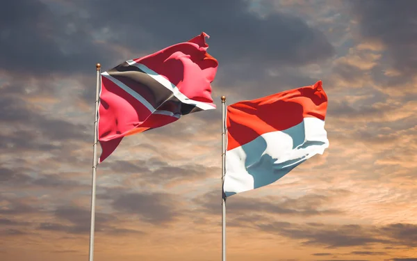 아름다운 트리니다드 토바고와 인도네시아의 국기들이 하늘을 배경으로 — 스톡 사진