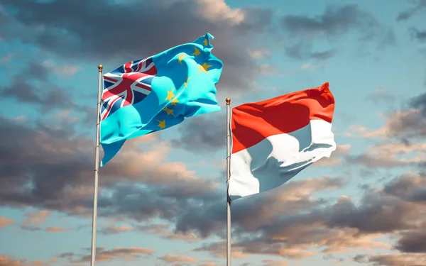 Hermosas Banderas Estatales Nacionales Tuvalu Indonesia Juntas Fondo Del Cielo — Foto de Stock