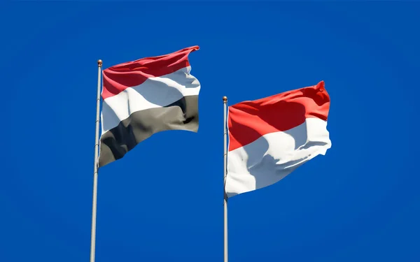 Bellissime Bandiere Stato Nazionali Yemen Indonesia Insieme Sullo Sfondo Del — Foto Stock