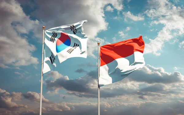 Hermosas Banderas Estatales Nacionales Corea Del Sur Indonesia Juntas Fondo —  Fotos de Stock