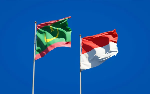 Krásné Národní Státní Vlajky Mauritánie Indonésie Společně Pozadí Oblohy Koncept — Stock fotografie